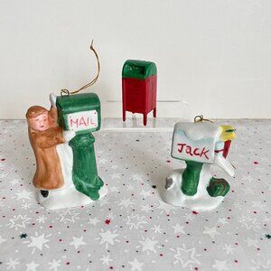 Christmas Village Figure Girl w Mail Red Mailbox Accessory Lot Lemax or Dept 56